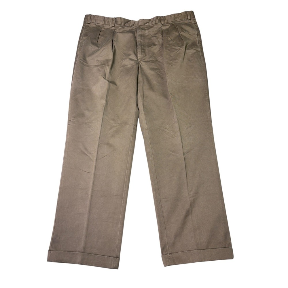 LL Bean Mens Khaki Pleated Cotton Twill Pants Waist 42x30 Cuffed